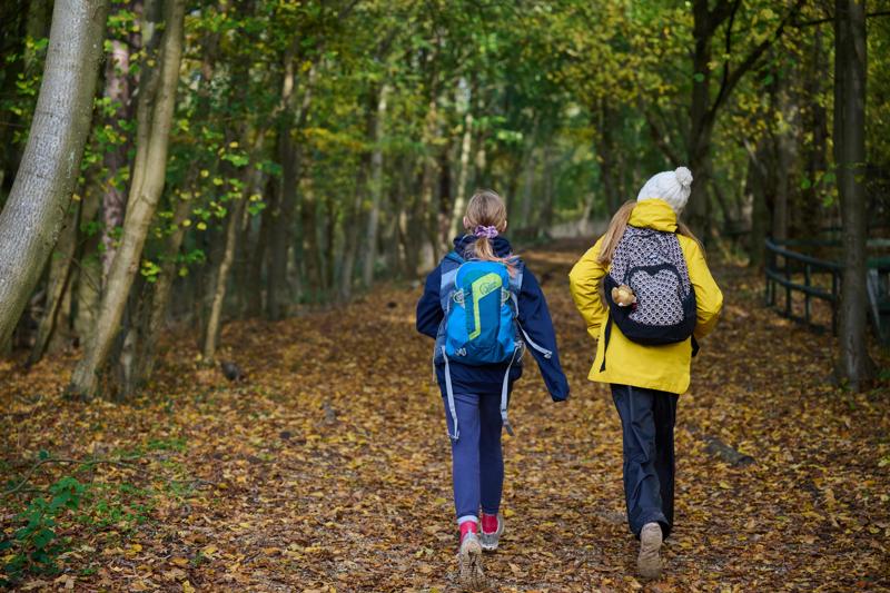 Two Explorers walking with backpacks in wooded area